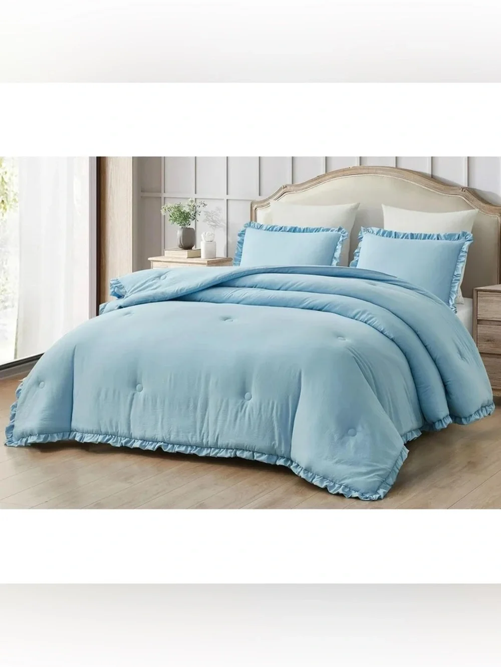 Light Blue Ruffled oversized queen 3 piece Comforter Set